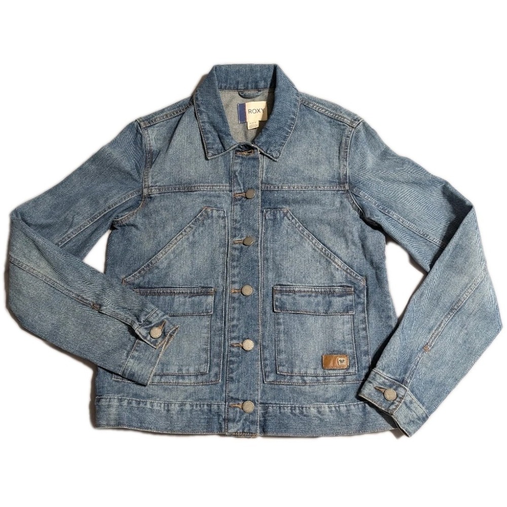Roxy Womens Medium Denim Chore Jacket Light Wash Utility Workwear Button Front
